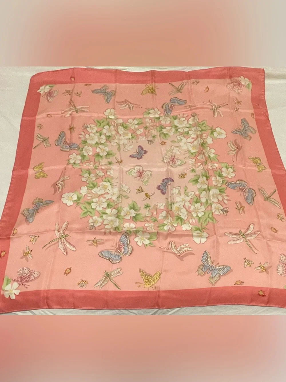 Beautiful scarf - Butterflies, dragonflies, & florals on a pink background